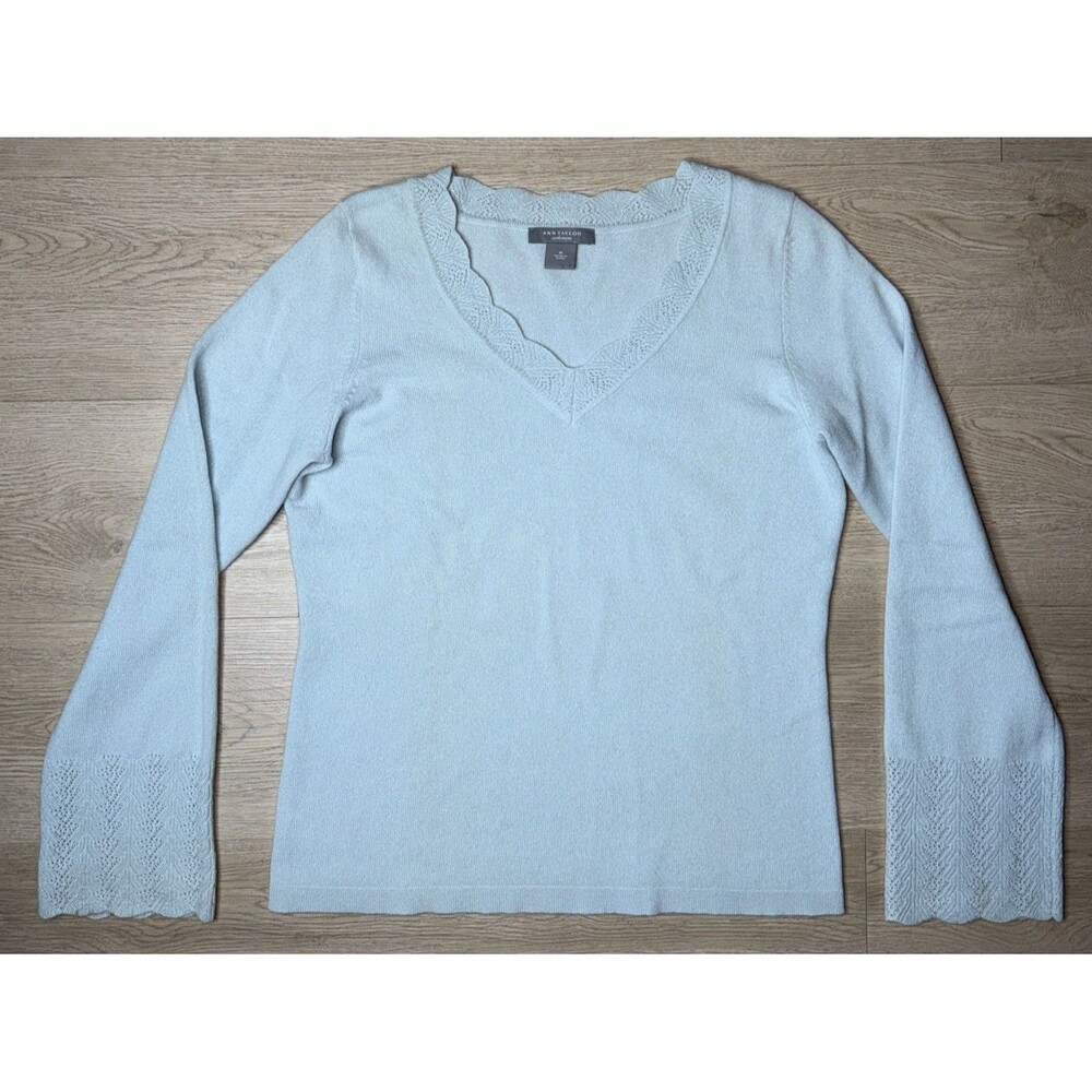 Ann Taylor 100% Cashmere V-Neck Sweater Light Blue Lace Trim Cuffs Size Medium